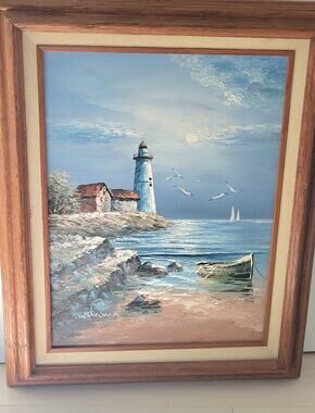 Vintage W. Sherman Lighthouse Oil on Canvas Painting Framed Coastal Nautical Art